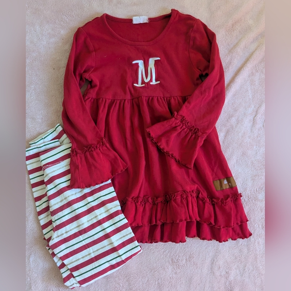 Embroidered "M" Red Ruffled Top with Striped Pants